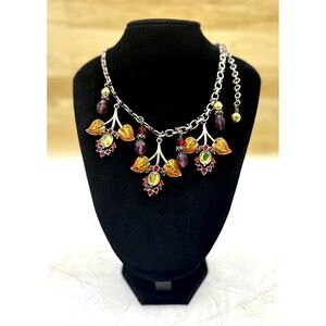 Chicos Floral Rhinestone Statement Necklace 17" Extender Enamel Leaf Silvertone‎